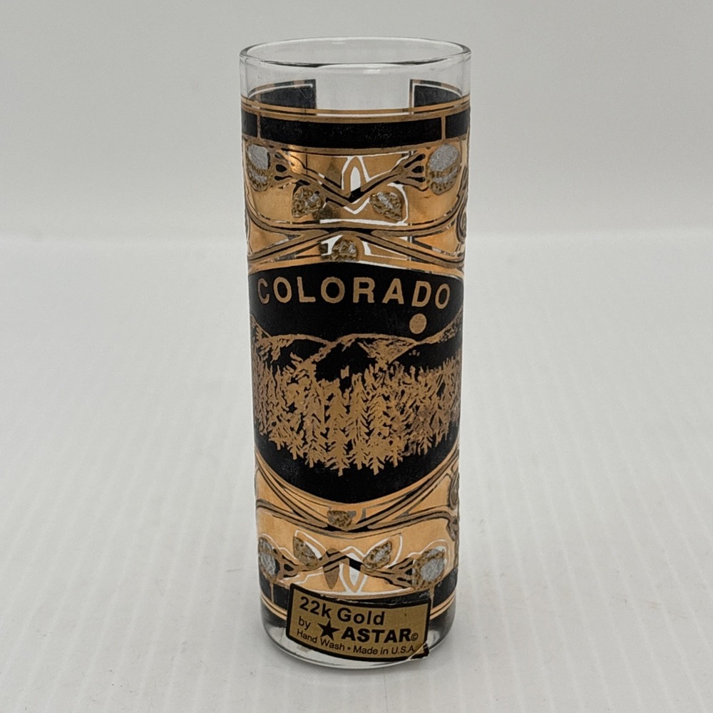 Colorado 22k Gold Tall Shot Glass by Astar Black Souvenir Mountain Barware